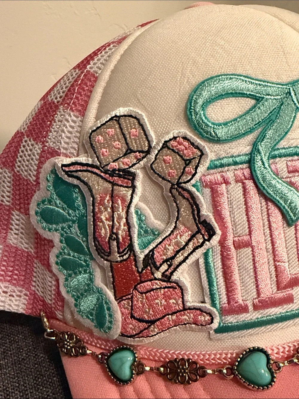 HOWDY Embellished Pink & White Trucker Cap with Turquoise Accents
